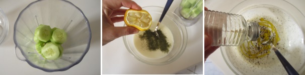 Aggiungete al frullatore i cetrioli e poco olio. In una ciotola versate il kefir, aggiungete l’aneto secco oppure fresco e strizzate il succo di limone. Aggiungete infine l’olio, il sale e il pepe. Rimescolate.