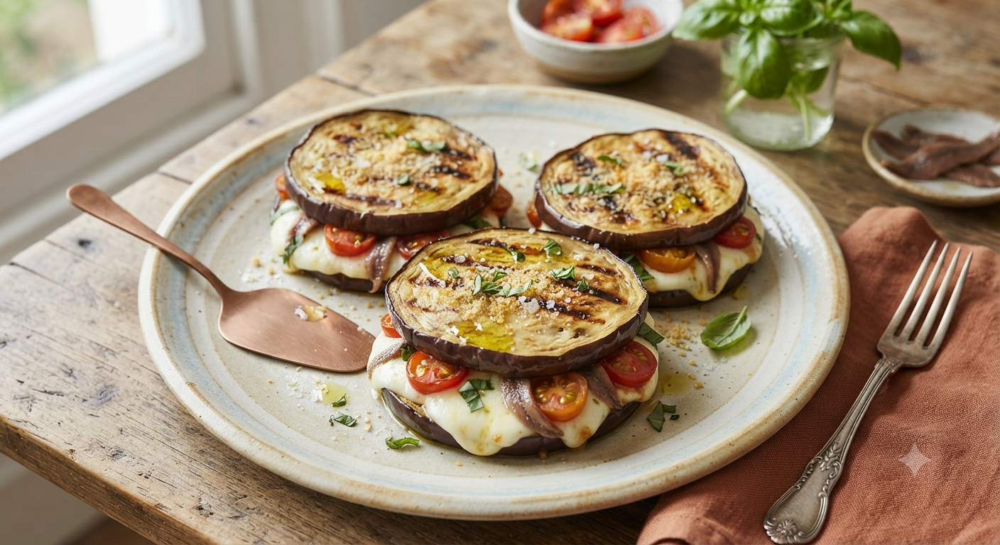Per preparare i sandwich di melanzane con alici, pomodorini e mozzarella, affettate la melanzana, ricavando 2 fette spesse circa 2-3 centimetri per ogni sandwich. Spennellate con un filo d’olio extravergine d’oliva e salate. Scaldate la piastra e grigliate le melanzane da entrambi i lati per circa 5 minuti.