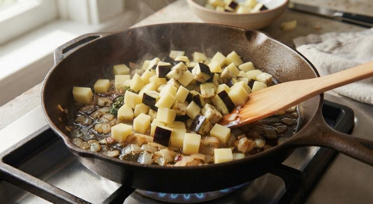 Aggiungete le patate alla cipolla e fatele cucinare per qualche minuto. Procedete allo stesso modo anche con le melanzane, una volta a dadini unitele alle patate già in padella.