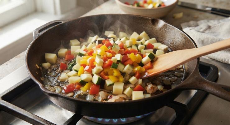 Pulite bene i peperoni, sciacquateli sotto abbondante acqua corrente e tagliate a dadini anche questi ultimi. Uniteli alle altre verdure già in cottura e preparate il sedano, anch’esso dovrà essere lavato e tagliato fine ed ancora la zucchina tagliata a dadini. Unite il sale e lasciate cucinare a fuoco moderato e con coperchio.