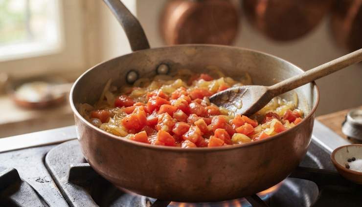 Sbollentate i pomodori e pelateli. Tagliateli a pezzettini ed aggiungeteli alla cipolla, quindi mescolate. Continuate cuocere il friggione ancora per 1-2 ore. Regolate tutto con il sale e il pepe (facoltativo). Servite subito il friggione oppure conservatelo in frigorifero.