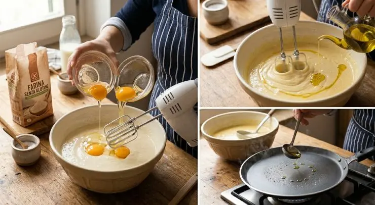 Versate tre uova insieme nel composto e lavorate ancora con le fruste per incorporare le uova bene. Aggiungete un po di olio e rimescolate. Riscaldate una goccia di olio sulla padella antiaderente oppure in una apposta per realizzare le crepes.