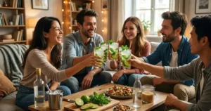 Gruppo di amici felici che brindano con bicchieri di Mojito durante un aperitivo casalingo in salotto, con stuzzichini, menta e lime sul tavolo.