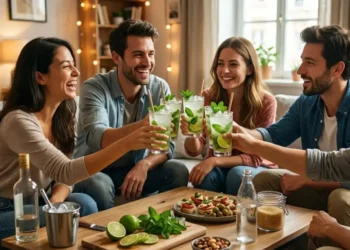 Gruppo di amici felici che brindano con bicchieri di Mojito durante un aperitivo casalingo in salotto, con stuzzichini, menta e lime sul tavolo.