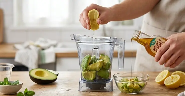 Preparate tutti gli ingredienti. Lavate e sbucciate l‘avocado. Tagliatelo a pezzi più piccoli e metteteli nel mixer. Aggiungete un po’ di succo di limone e lo sciroppo di agave.