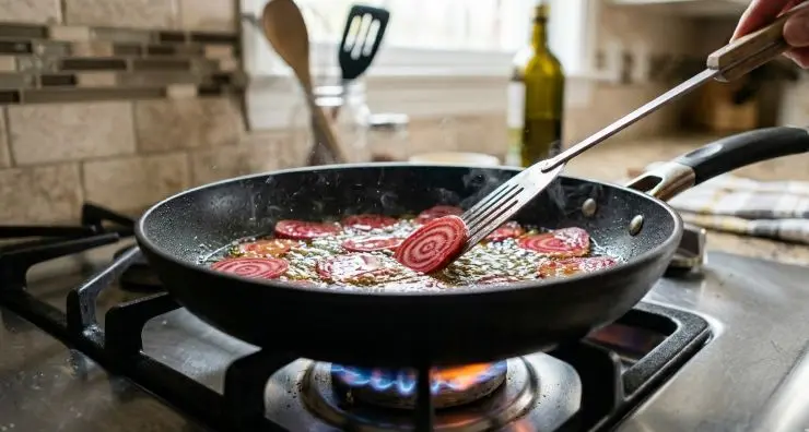 Girate le fette di barbabietola, friggendole circa 5 minuti in totale. Disponete le chips sulla carta assorbente per eliminare l’eccesso di olio. Salate e pepate a vostro piacere e fate raffreddare.