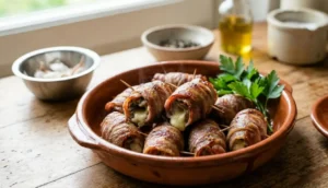 Bombette pugliesi cotte al forno servite calde in un piatto di terracotta con ripieno di formaggio fuso filante e prezzemolo.