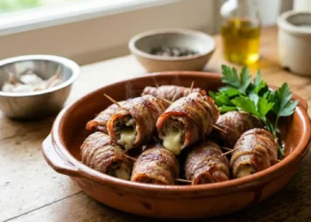 Bombette pugliesi cotte al forno servite calde in un piatto di terracotta con ripieno di formaggio fuso filante e prezzemolo.