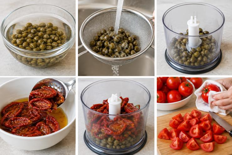 Mettete i capperi in ammollo per 5 minuti, poi sciacquateli bene con acqua fredda, quindi metteteli in un tritatutto. Scolate bene le fette di pomodori secchi sott’olio ed aggiungetele nel tritatutto. Lavate ed asciugate i pomodori, quindi tagliateli grossolanamente.