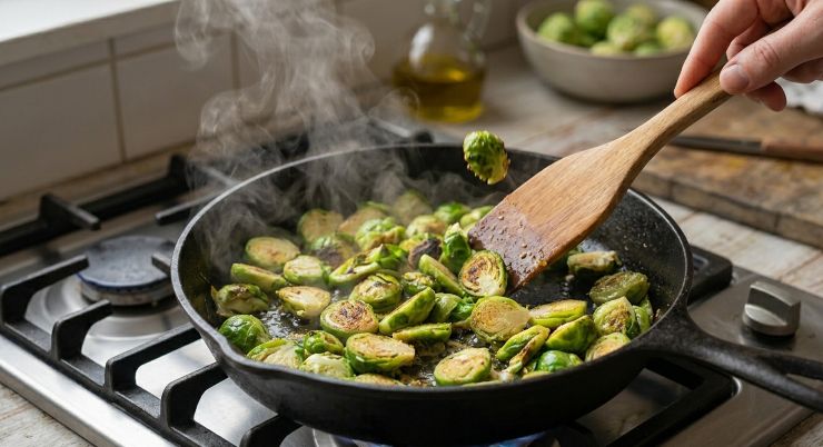 Pulite i cavoletti. Tagliate via i gambi e le prime foglie. Tagliate i cavoletti a fette. Mettete le fette in una padella ed aggiungete l’olio e il sale. Soffriggete per qualche minuto. Quando i cavoletti saranno morbidi, ma sodi, aggiungete il pangrattato. Rimescolate e saltate ancora per un paio di minuti. Disponete le fette di melanzana sulla teglia. Fare raffreddare il riso e coprite ogni fetta.
