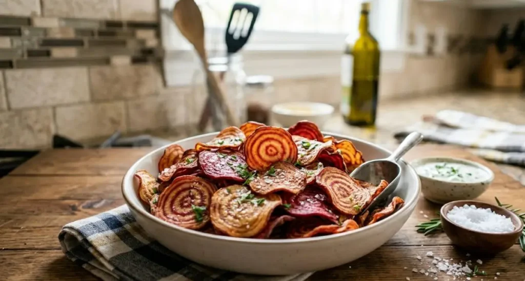 Chips di barbabietola fatte in casa pronte da gustare Chips di barbabietola croccanti pronte per essere servite in una ciotola con una spolverata di sale marino.