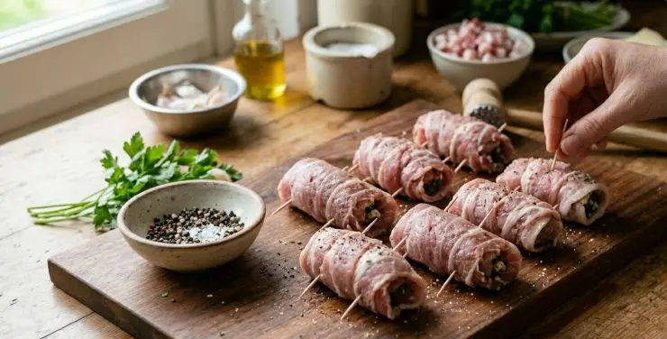 Formate delle porzioni e fermatele con degli stecchini di legno, quindi aromatizzatele ancora con poco sale e pepe e lasciatele riposare qualche minuto. Cucinatele su di una padella in pietra o una piastra, per avvicinarvi al loro gusto originale. Io a dire il vero le cucino su una bella brace a carbonella!