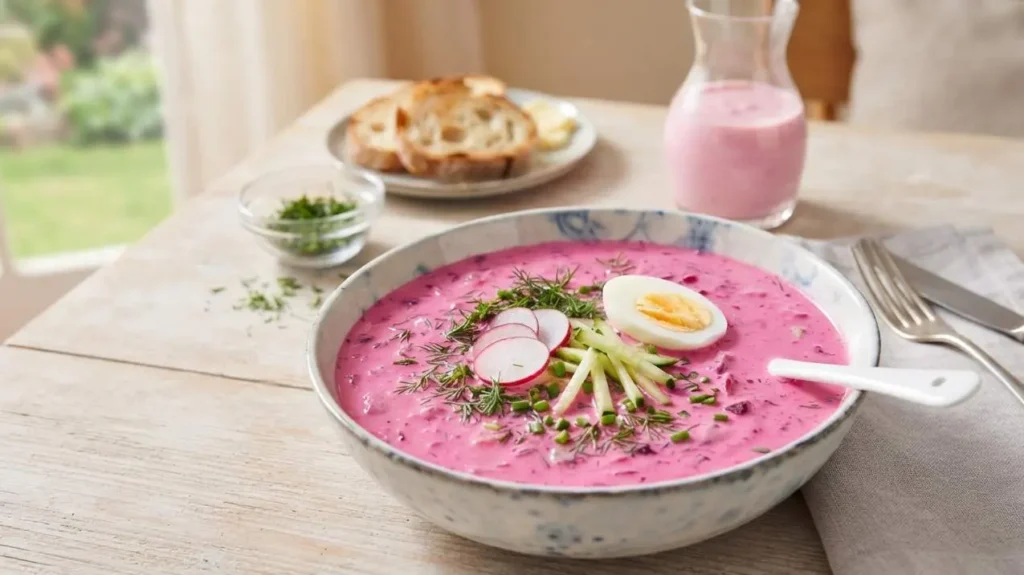 Ciotola di chłodnik, la zuppa fredda estiva di barbabietole e kefir, decorata con ravanelli a fette, cetrioli, aneto e un uovo sodo, servita su un tavolo in legno.
