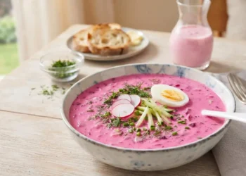 Ciotola di chłodnik, la zuppa fredda estiva di barbabietole e kefir, decorata con ravanelli a fette, cetrioli, aneto e un uovo sodo, servita su un tavolo in legno.