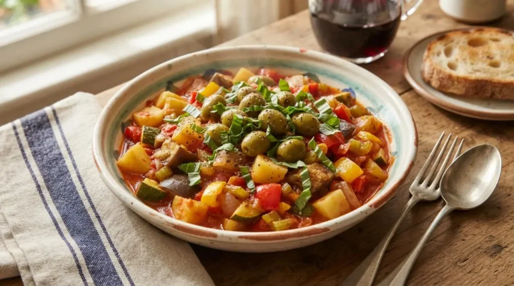 Ciambotta di verdure mediterranea in piatto di ceramica con olive, basilico e pane tostato