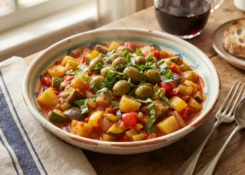 Ciambotta di verdure mediterranea in piatto di ceramica con olive, basilico e pane tostato