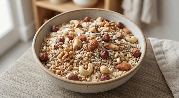 Per preparare la granola versate dentro una ciotola i fiocchi di avena, a seguire il kamut soffiato e il farro soffiato. Mescolate ed amalgamate i cereali e continuate unendo la frutta secca, quindi aggiungete le mandorle, gli anacardi e continuate con noci brasiliane, nocciole tostate, noci e semi di girasole.