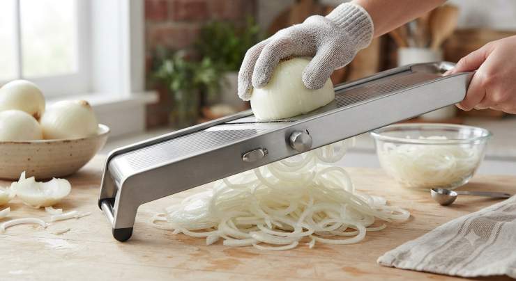 Sbucciate le cipolle e tagliatele molto finemente con una mandolina. Disponetele in un recipiente capiente e cospargetele con il sale grosso e con lo zucchero. Lasciate macerare per circa 3-4 ore.