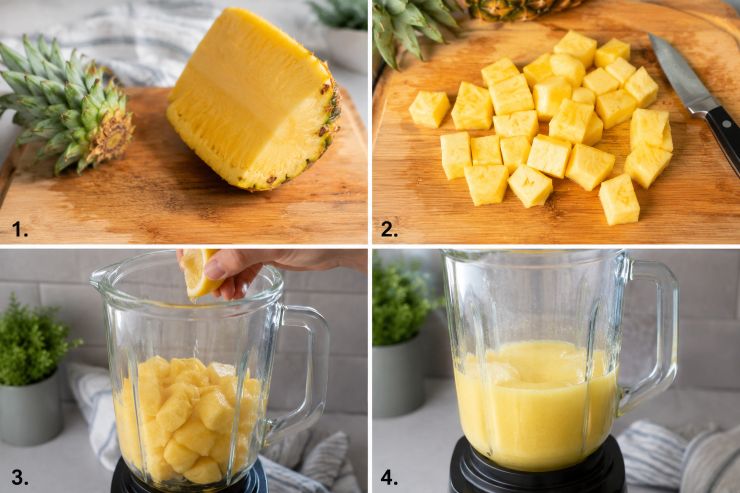 Imburrate le pirofile di ceramica. Ritagliate un quarto dell‘ananas e tagliate via la buccia e il gambo. Tagliate la polpa a cubetti e mettetela in un frullatore. Aggiungete qualche goccia di limone. Frullate l‘ananas fino ad ottenere una consistenza cremosa .