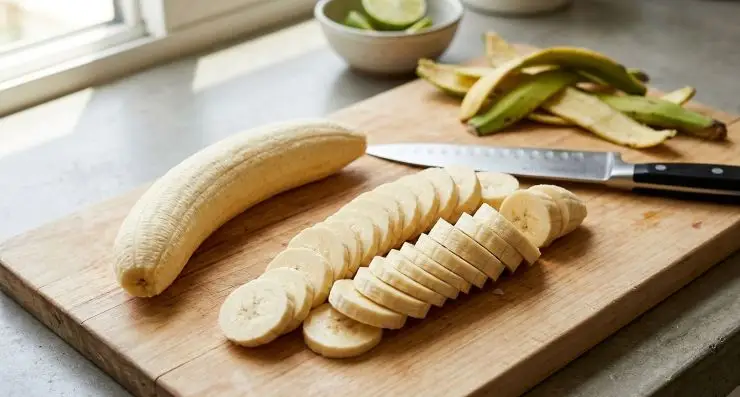 Pulite il platano ed eliminate le estremità. Sbucciate il platano con delicatezza, senza rompere la polpa interna. Tagliate il platano a fette dello spessore di massimo due centimetri.