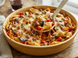 Conchiglie al forno con verdure e pancetta filanti servite in teglia con cucchiaio