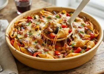 Conchiglie al forno con verdure e pancetta filanti servite in teglia con cucchiaio