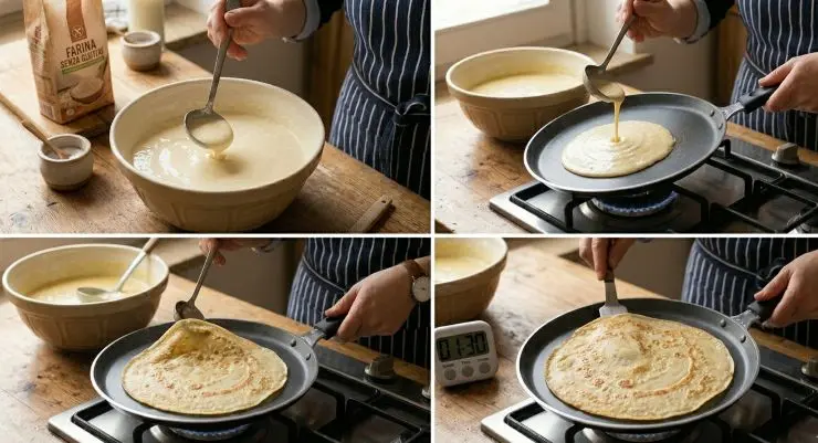 Usando un mestolo piccolo, versate una dose della pastella sulla padella e poi fate un movimento circolare con la padella. In questo modo riuscirete a distribuire per bene l’impasto. Cuocete le crepes da ogni lato per circa 1-2 minuti.