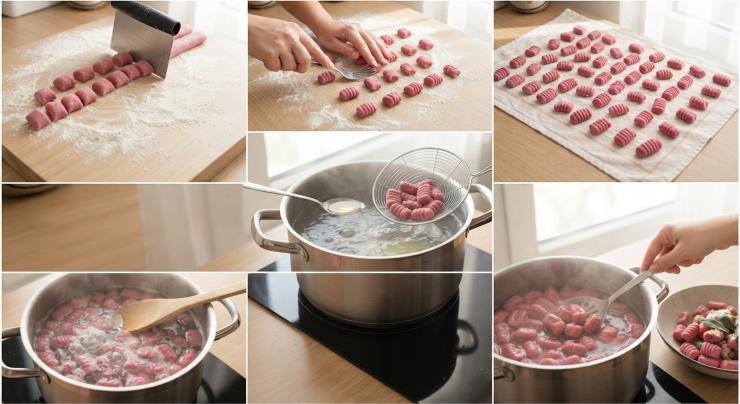Tagliate l’impasto a pezzetti della lunghezza di circa un centimetro e schiacciate ognuno con la forchetta. Lasciate gli gnocchetti asciugarsi all’aria per qualche minuto, quindi trasferiteli nell’acqua bollente e salata con un cucchiaino di olio. Aspettate fin quando non salgono a galla, quindi rimescolate delicatamente con uno mestolo e cuocete ancora per massimo 2 minuti. Scolateli e conditeli a piacere.