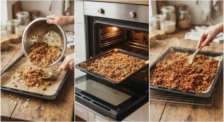 Una volta amalgamati insieme sciroppo, cereali e frutta secca, il composto sarà pronto per essere versato in una teglia, preferibilmente antiaderente. Infornate in forno caldo a 190 gradi per 20 minuti circa. Trascorsi i 20 minuti, sfornate la granola e con un cucchiaio di legno, rigiratela nella stessa teglia , infine lasciatela freddare.