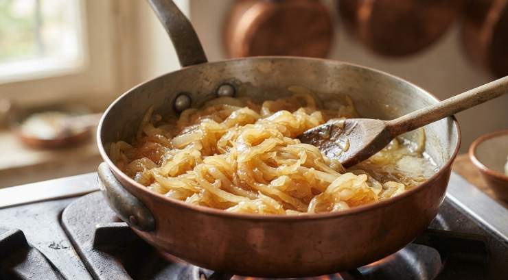 Le cipolle devono rilasciare tanta acqua, dopodiché sono pronte per la ricetta. Unite lo strutto e iniziate a cuocere le cipolle a fuoco lento per circa 2 ore, fin quando non diventeranno dorate e molto morbide, mescolando ogni tanto e se necessario e unendo pochissima acqua.