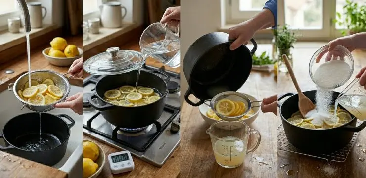 Trascorse le due ore, scolate le fette di limone e rimettetele in padella, quindi coprite nuovamente con l’acqua, ponete un coperchio sulla padella e portate a bollore. Cuocete per circa 5-10 minuti sotto il coperchio. Scolate i limoni, lasciando circa mezzo bicchiere di acqua di cottura da parte. Rimettete i limoni nella pentola, aggiungete l’acqua di cottura rimasta ed aggiungete lo zucchero.