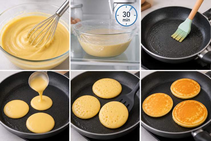 Lavorate la pastella per qualche minuto, quindi fatela riposare in frigo per 30 minuti. Trascorso il tempo di riposo, togliete la pastella dal frigo e scaldate una padella, ungetela e cuocetevi dentro la pastella come a formare dei piccoli pancakes dal diametro di circa 8 centimetri. Cuoceteli su di un lato fino a che sulla superficie non si saranno formate delle bollicine e solo allora girateli e terminate la cottura anche dall’altro lato.