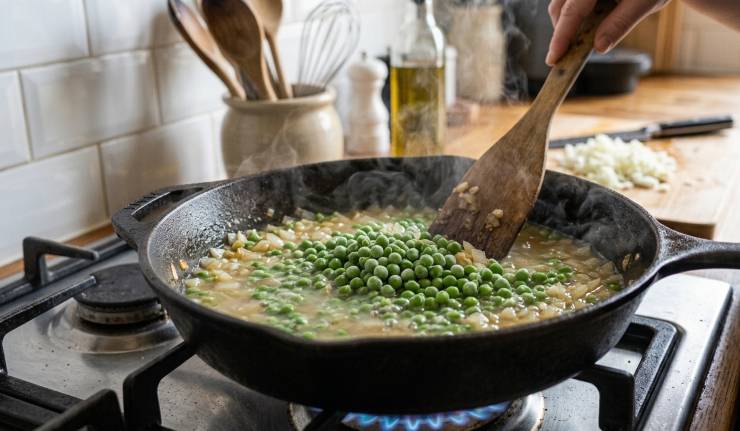 Una volta sgranati i piselli, uniteli alla cipolla stufata e fateli rosolare velocemente, quindi versate il brodo vegetale accuratamente scaldato. Portate il tutto a bollore e lasciate sobbollire per 5 minuti in modo che i piselli si ammorbidiscano un po’, dopodiché unite la pasta e procedete con la cottura.