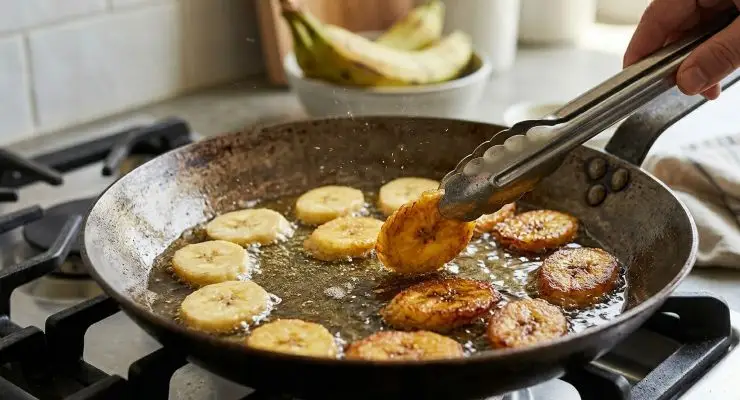 Versate abbondante olio in una padella e riscaldatelo bene. Appoggiate ogni fetta di platano nell’olio e friggete per circa 2-3 minuti da ogni lato a fiamma media.&nbsp;