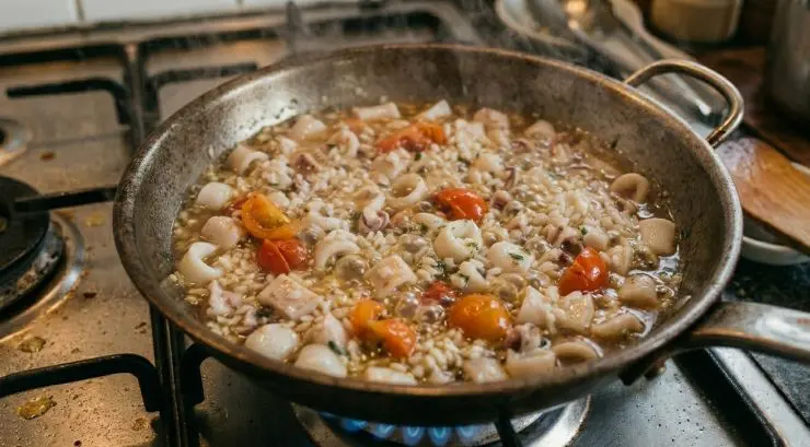 Aggiungete anche il peperoncino piccante e qualche cucchiaio di acqua calda (o se preferite del brodo di pesce), in modo da coprire il risotto. Lavate i pomodori, tagliateli a cubetti piccoli e aggiungeteli al risotto. Condite con poco olio e lasciate cuocere a fiamma bassa fin quando il riso non sarà al dente. Servite il risotto cosparso con del prezzemolo fresco tritato.