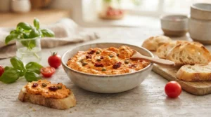 Crema di pomodori e scamorza affumicata Crema di pomodori freschi e secchi con scamorza affumicata servita in ciotola con crostini di pane e basilico fresco