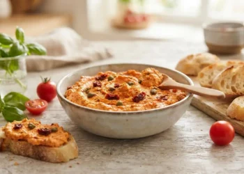 Crema di pomodori freschi e secchi con scamorza affumicata servita in ciotola con crostini di pane e basilico fresco
