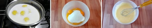 In un tegame versate il latte e aggiungete qualche pezzetto di scorza del limone tagliata grossolanamente. Quindi scaldate il tutto portando quasi a bollore. Nel frattempo in una ciotola versate le uova e lo zucchero e mescolate energicamente con una frusta.
