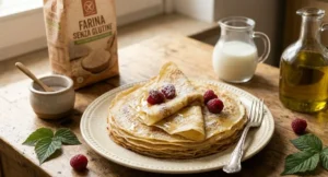 Piatto di crepes senza glutine con lamponi e miele Una pila di crepes fatte con farina senza glutine, piegate e presentate su un piatto di ceramica, guarnite con lamponi freschi e miele, su un tavolo di legno rustico in una cucina luminosa.