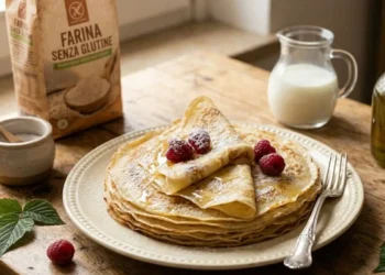 Una pila di crepes fatte con farina senza glutine, piegate e presentate su un piatto di ceramica, guarnite con lamponi freschi e miele, su un tavolo di legno rustico in una cucina luminosa.