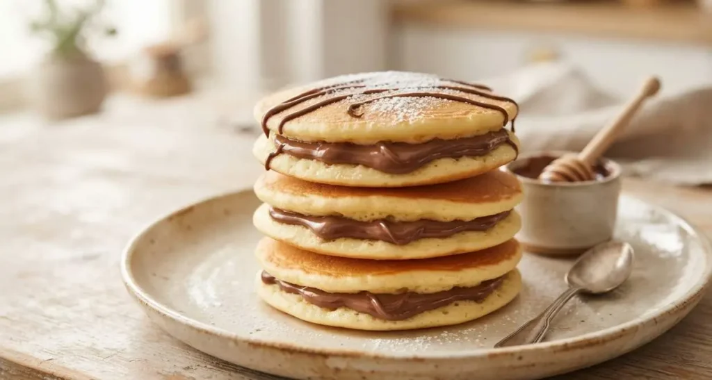 Pila di dorayaki soffici farciti con crema alla Nutella su un piatto di ceramica in cucina