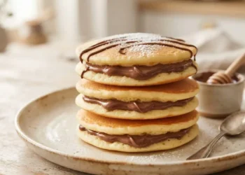 Pila di dorayaki soffici farciti con crema alla Nutella su un piatto di ceramica in cucina