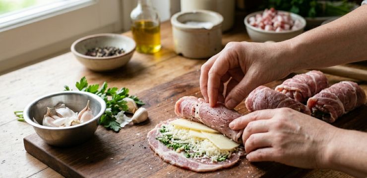 Farcite le fettine di carne aromatizzate, dapprima con uno strato di formaggio canestrato e dopo con uno di caciocavallo, quindi avvolgete le fettine su loro stesse, facendo in modo che il ripieno non fuoriesca dai lati.