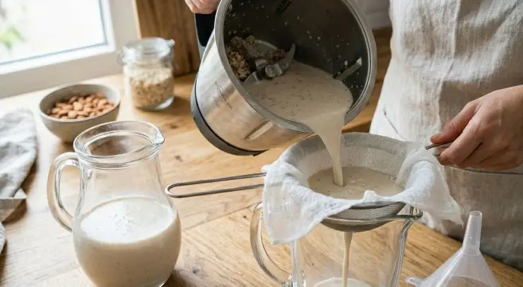 Per filtrare il latte di mandorla utilizzate un canovaccio o un colino. Con l’aiuto di un imbuto versate il latte di mandorla facendolo passare prima sul canovaccio, in modo da ottenere una bevanda bella fluida. Strizzate bene il canovaccio così da raccogliere tutto il latte di mandorla, e tenete da parte l’avanzo delle mandorle, chiamato okara di mandorle, che può essere utilizzato in tantissime ricette, ad esempio per la preparazione di squisiti biscotti.