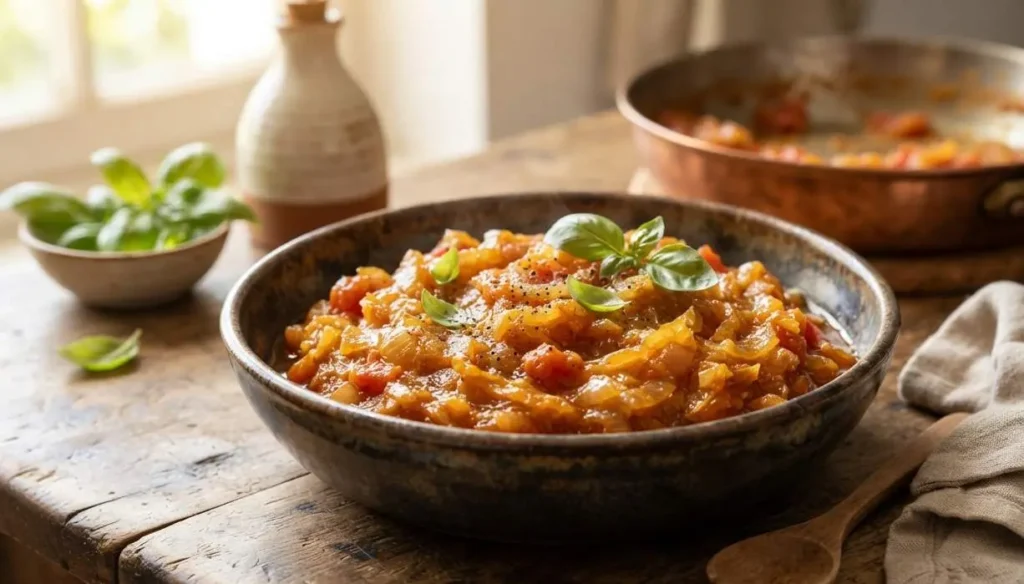 Friggione Bolognese Tradizionale Ciotola di ceramica rustica con friggione bolognese autentico fatto in casa, posata su un tavolo di legno antico con padella sullo sfondo