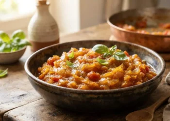 Ciotola di ceramica rustica con friggione bolognese autentico fatto in casa, posata su un tavolo di legno antico con padella sullo sfondo