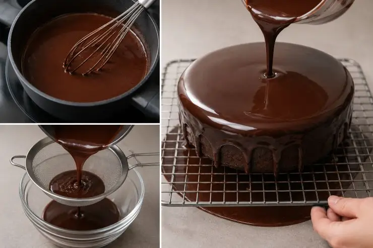 Quando la gelatina sarà del tutto invisibile, passate la glassa tramite il colino. Disponete la vostra torta oppure il dolce sulla griglia e versate in modo uniforme la glassa. Muovete delicatamente la griglia per fare colare la glassa sui bordi. Dopo 5 minuti ripetete l’operazione fino ad ottenere lo spessore e la lucidità desiderata. Mettete il dolce in frigorifero per almeno un’ora.