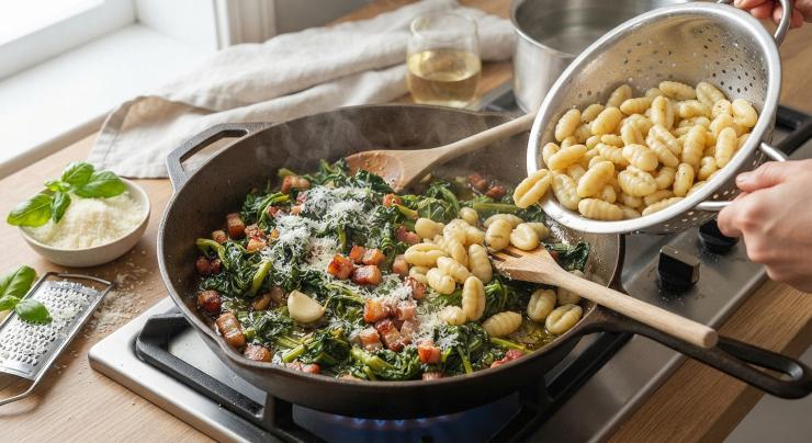 Nel frattempo pulite le cime di rapa. Fate rosolare l’aglio e l’olio in un tegame insieme alla pancetta a cubetti. Aggiungete le cime di rapa, salate e fatele appassire per 10 minuti. Sfumate con il vino bianco, fate evaporare l’alcool e cuocete per 20 minuti, fino a quando la verdura non si sarà cotta. Cuocete gli gnocchetti per due minuti in acqua salata. Quando salgono a galla sono pronti, trasferiteli nella padella con le cime di rapa, mescolate per insaporirli e terminate con una spolverata abbondante di parmigiano.