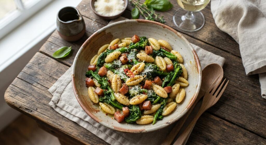 Gnocchetti con Cime di Rapa e Pancetta Piatto di gnocchetti sardi con cime di rapa fresche e cubetti di pancetta croccante, pronto da servire su un tavolo in legno rustico.