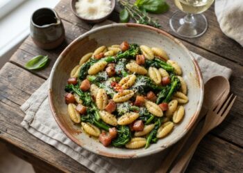 Piatto di gnocchetti sardi con cime di rapa fresche e cubetti di pancetta croccante, pronto da servire su un tavolo in legno rustico.